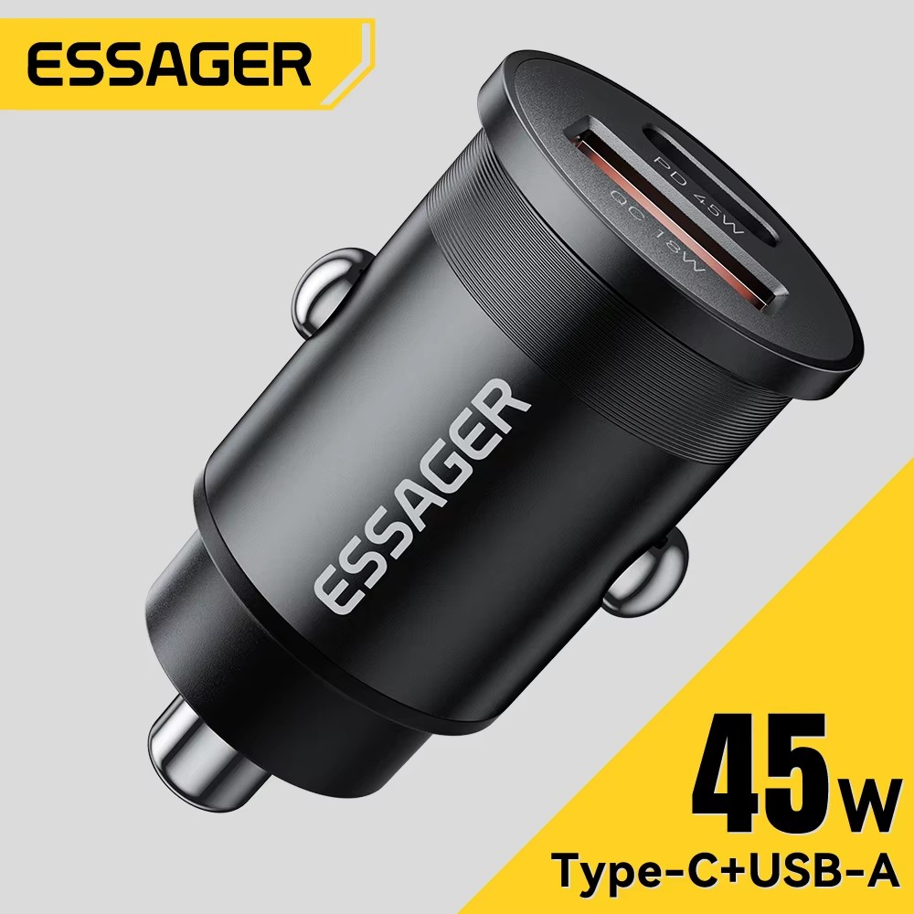 Essager 45W Auto-Ladegerät, Dual-Port Schnellladung PD QC3.0 Typ-C — 2