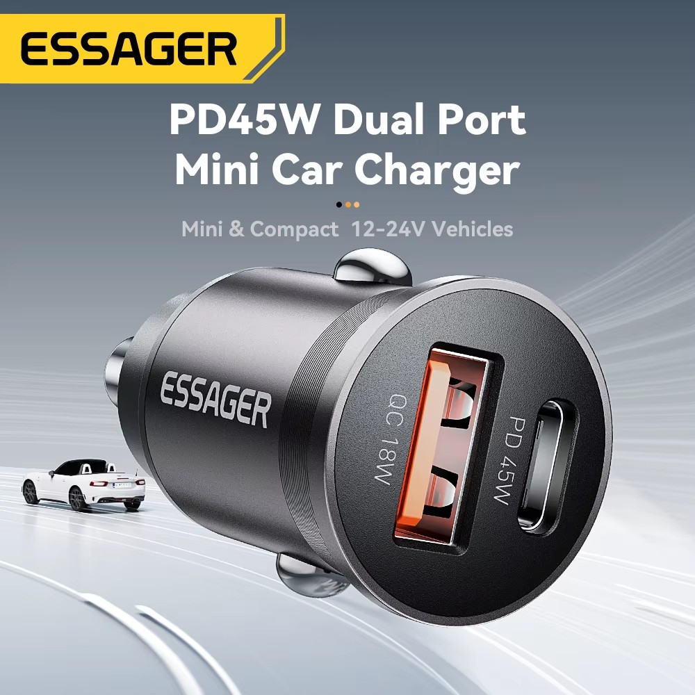 Essager 45W Auto-Ladegerät, Dual-Port Schnellladung PD QC3.0 Typ-C — 3