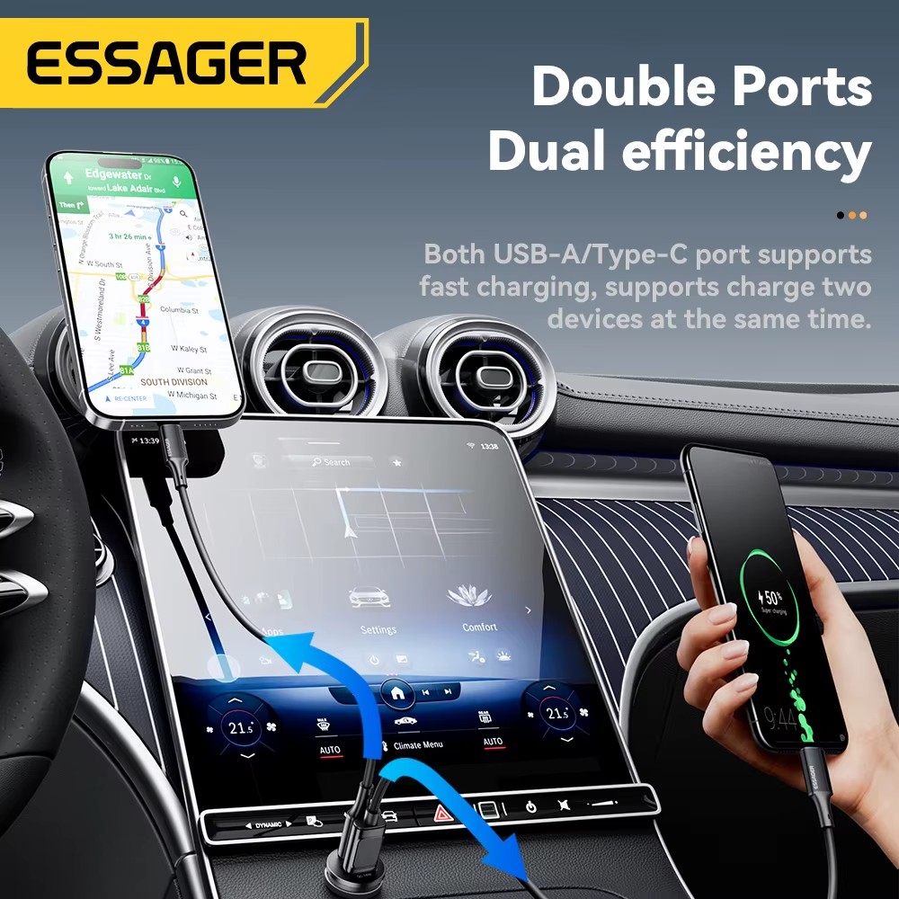Essager 45W Auto-Ladegerät, Dual-Port Schnellladung PD QC3.0 Typ-C — 4